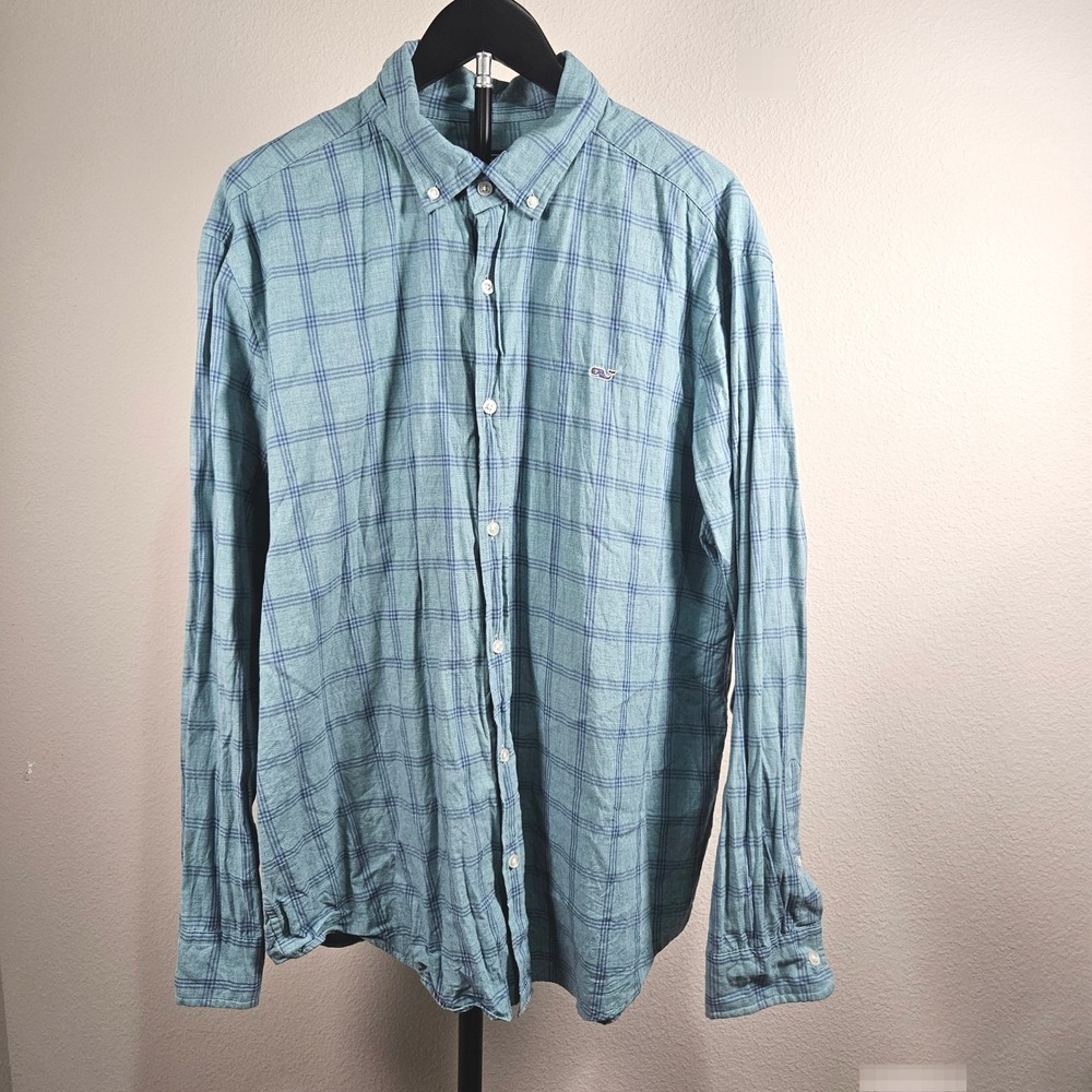 Vineyard Vines Whale‎ Shirt Mens XL Teal Blue Plaid Cotton Coastal Preppy Style